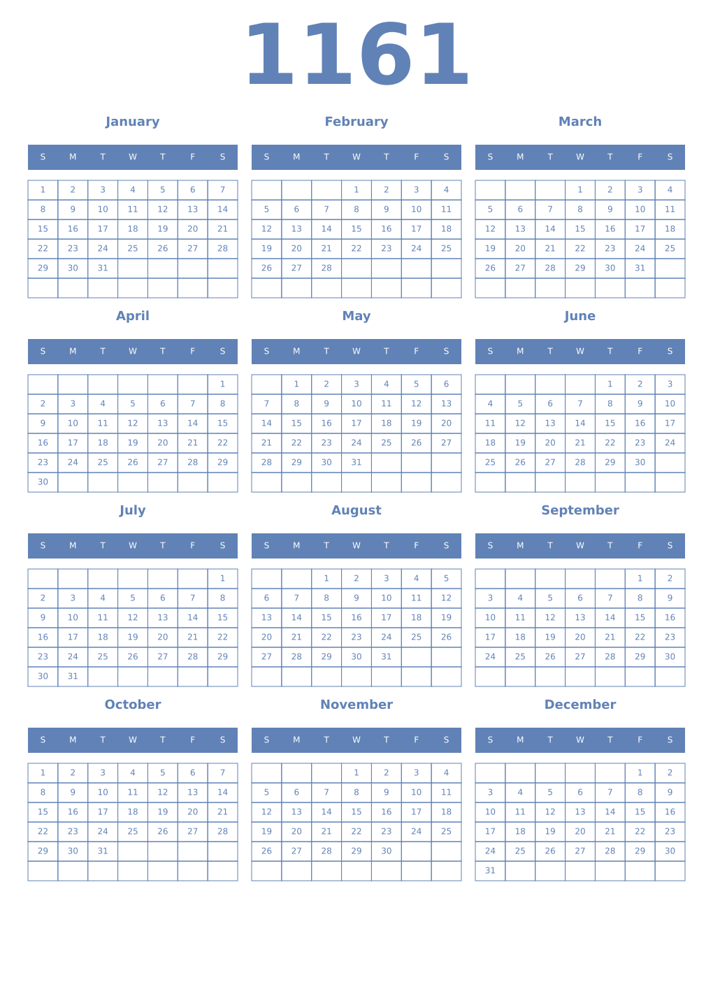 Printable 1161 Year Calendars glaucous