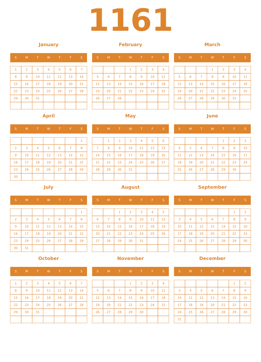 Printable 1161 Year Calendars orange