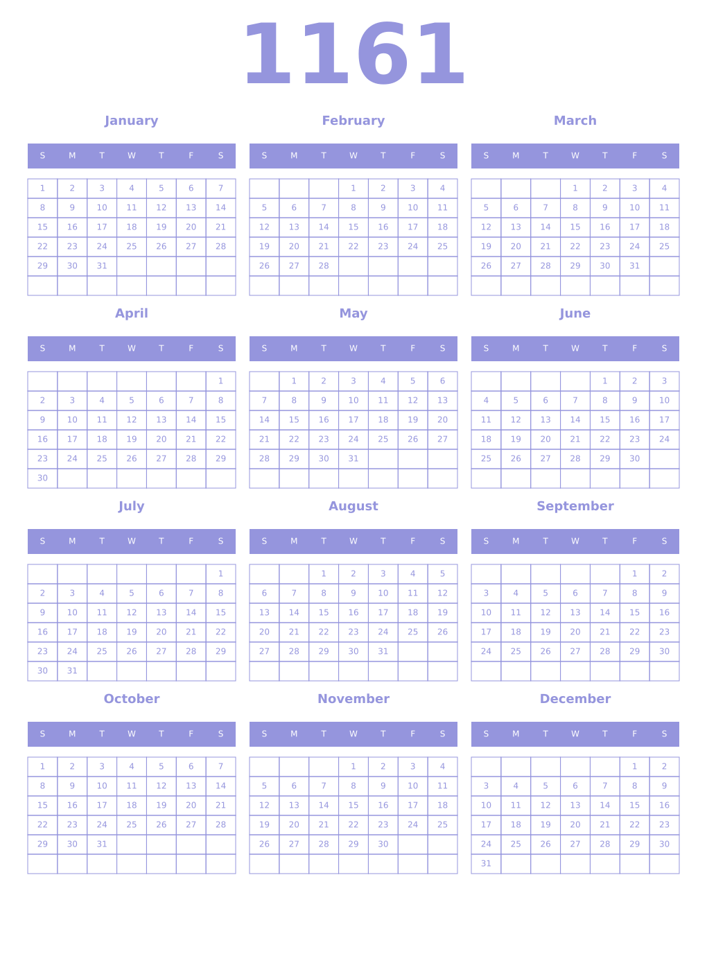 Printable 1161 Year Calendars periwinkle