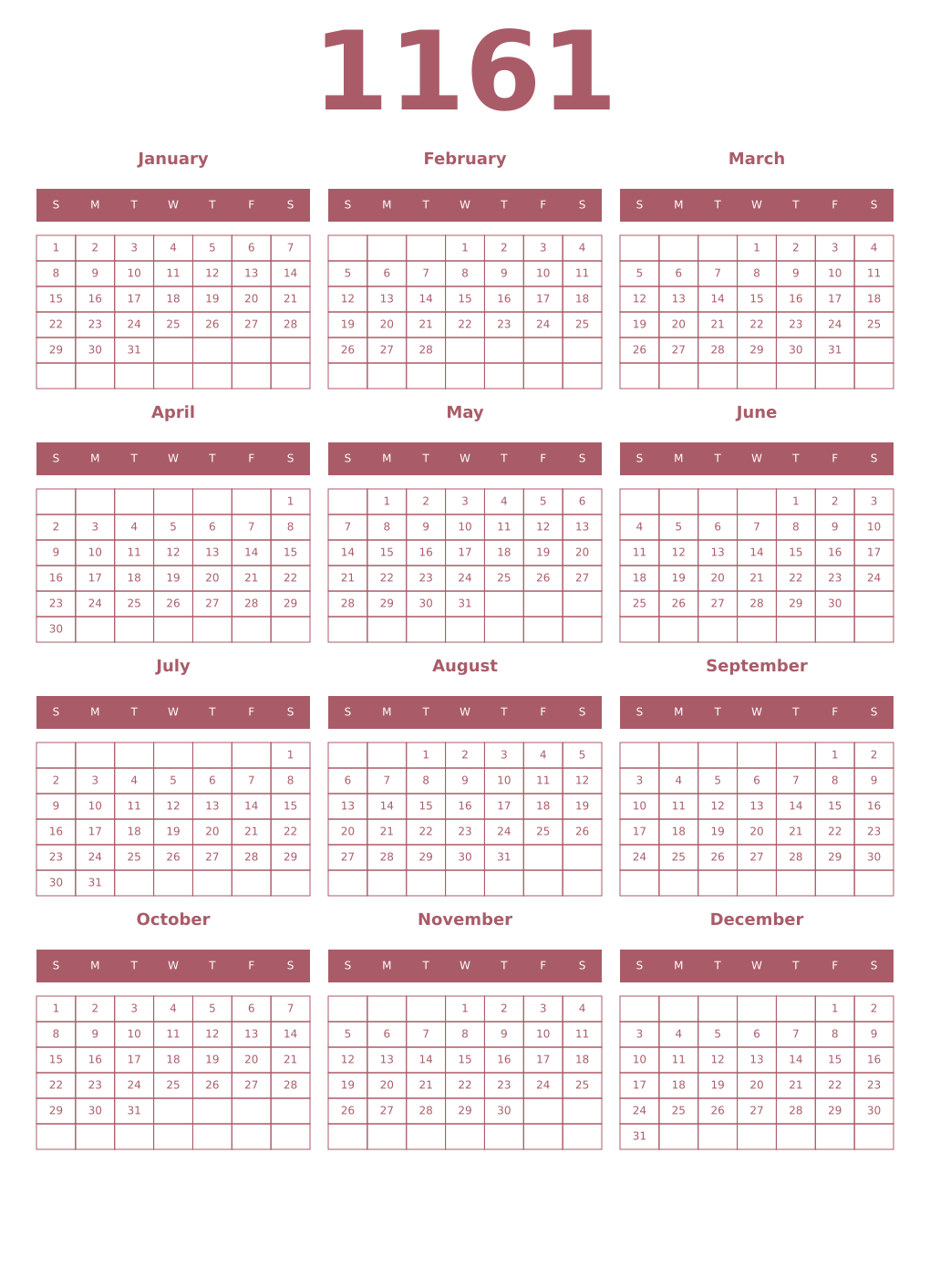 Printable 1161 Year Calendars puce