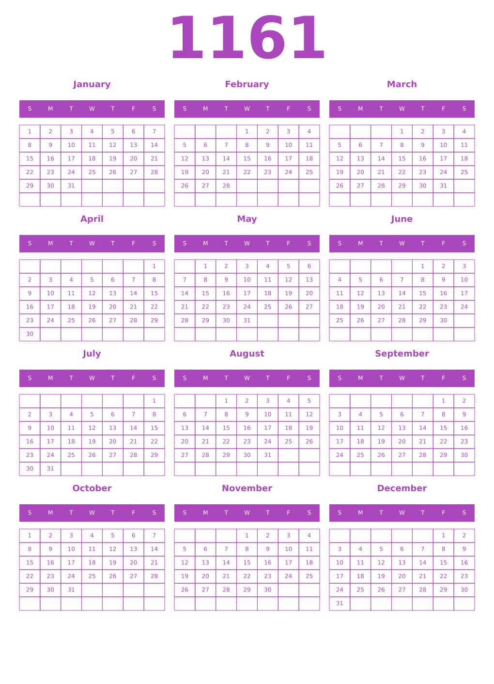 Printable 1161 Year Calendars purple