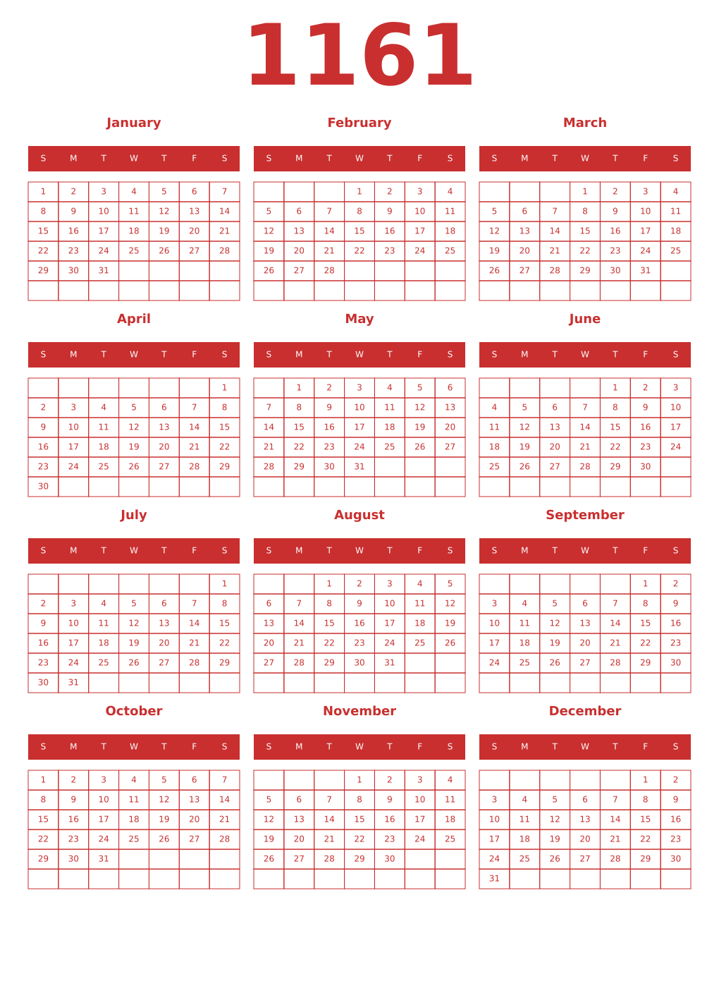 Printable 1161 Year Calendars red