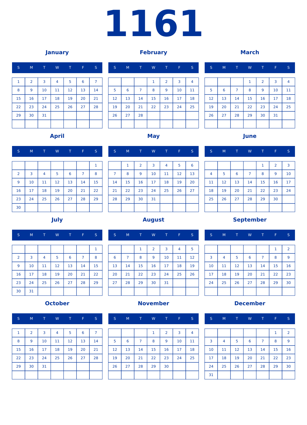 Printable 1161 Year Calendars smalt