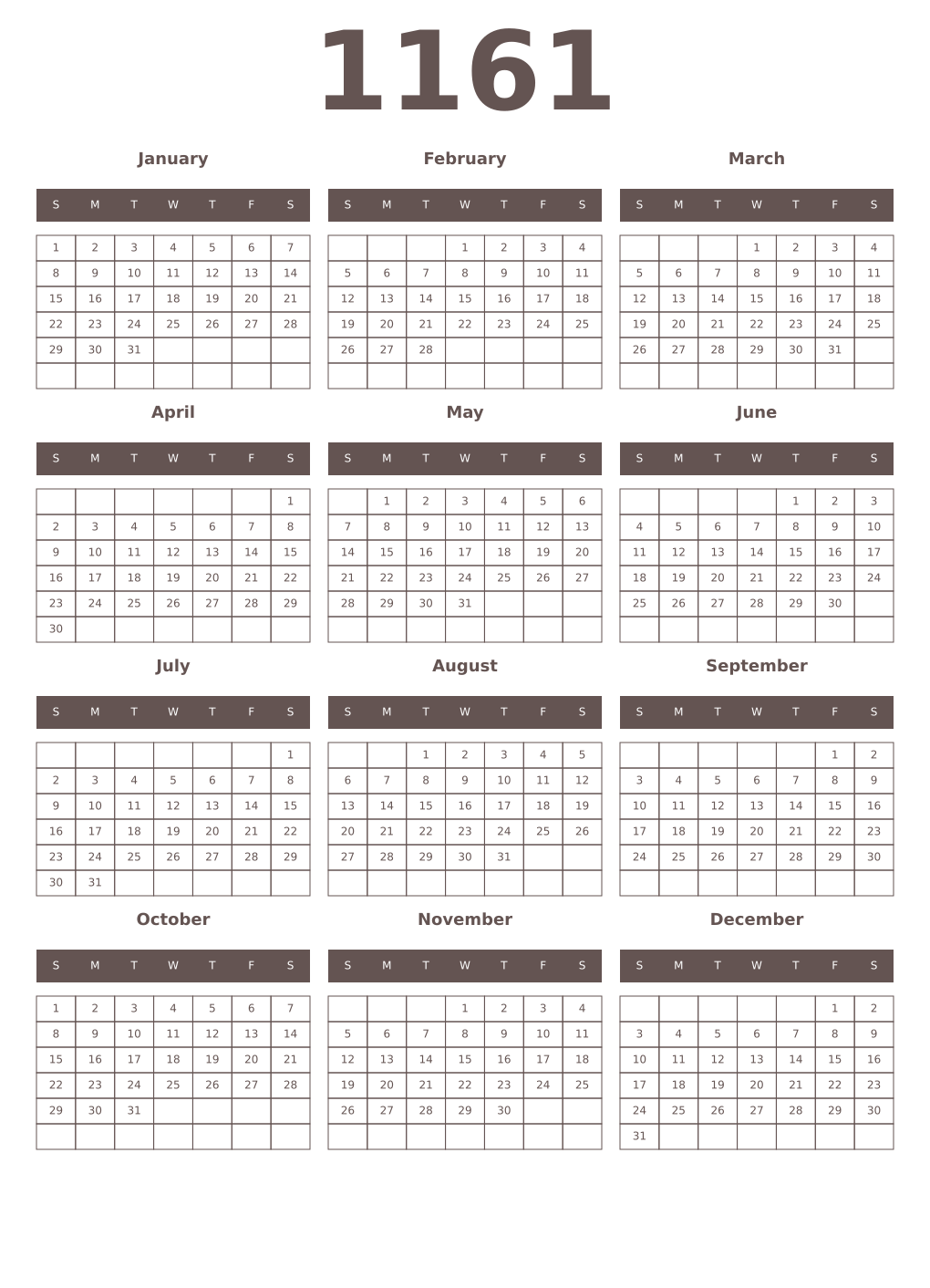 Printable 1161 Year Calendars wenge
