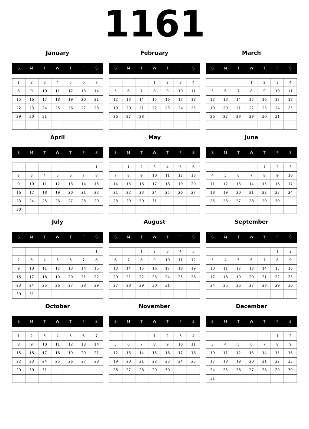 Printable 1161 Calendars