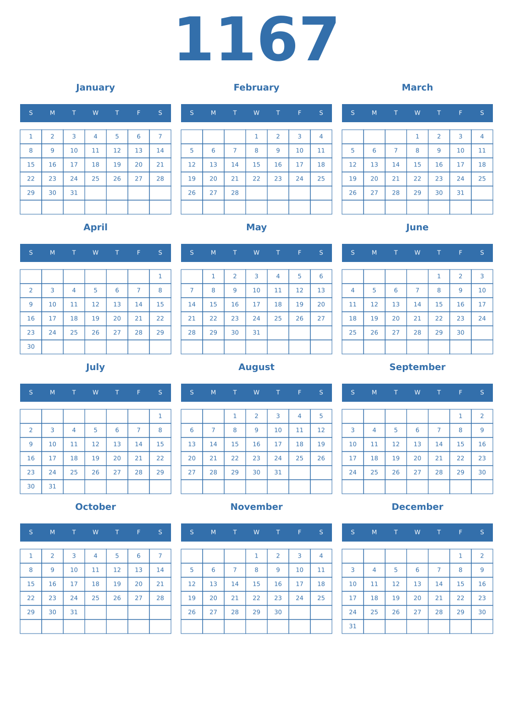 Printable 1167 Year Calendars blue