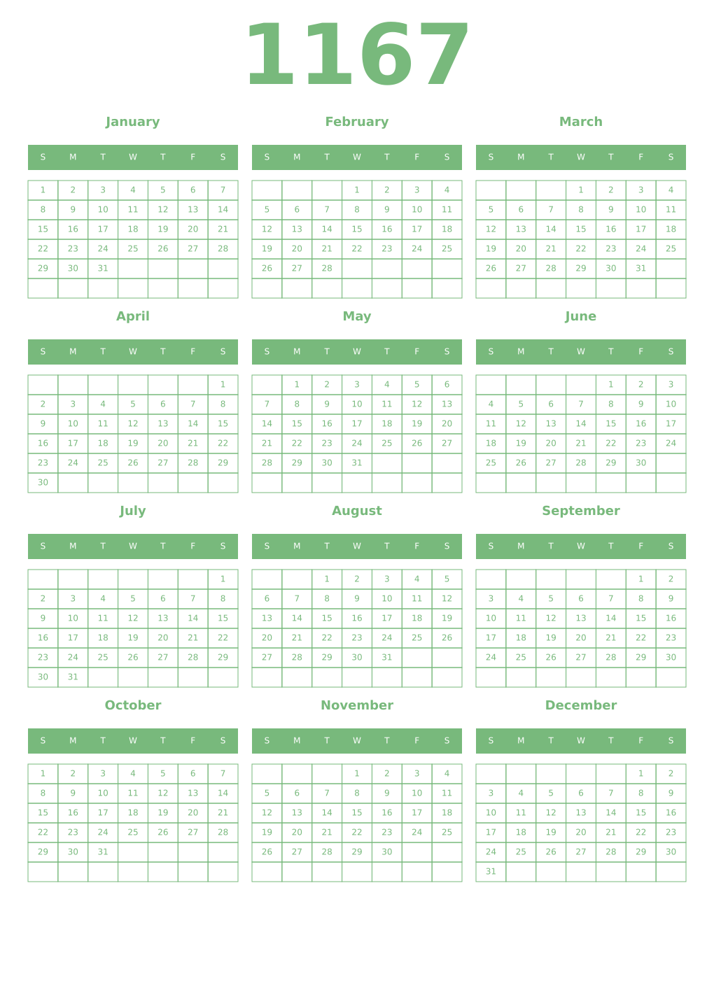 Printable 1167 Year Calendars celadon