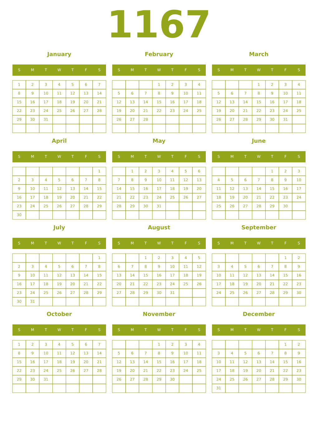 Printable 1167 Year Calendars chartreuse