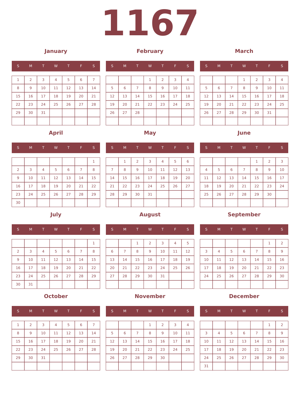 Printable 1167 Year Calendars cordovan
