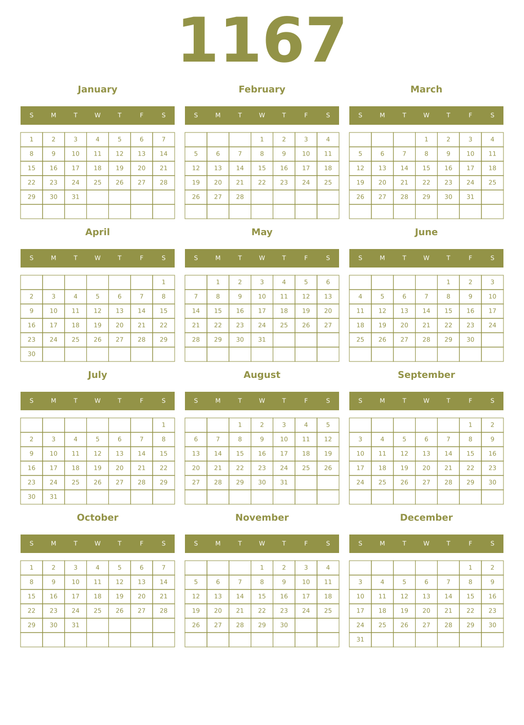 Printable 1167 Year Calendars eburnean