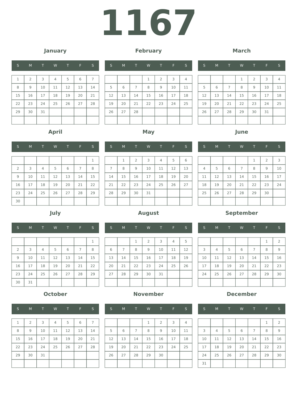 Printable 1167 Year Calendars feldgrau