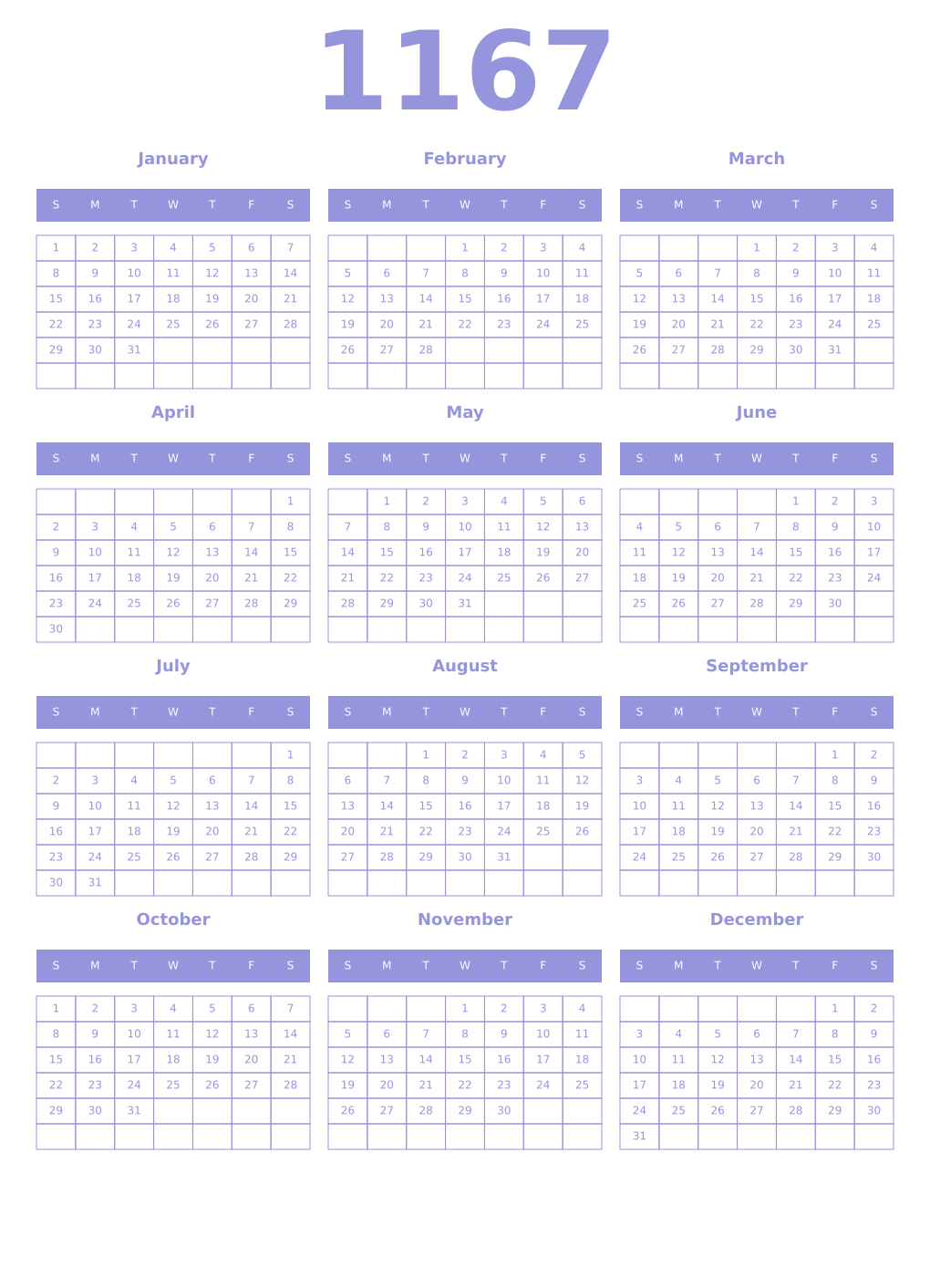 Printable 1167 Year Calendars periwinkle