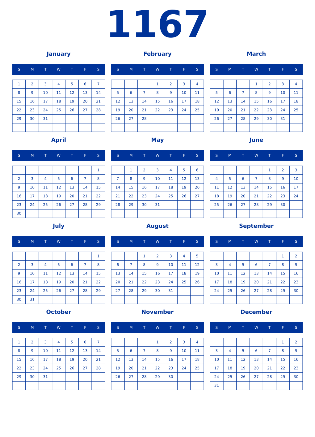 Printable 1167 Year Calendars smalt
