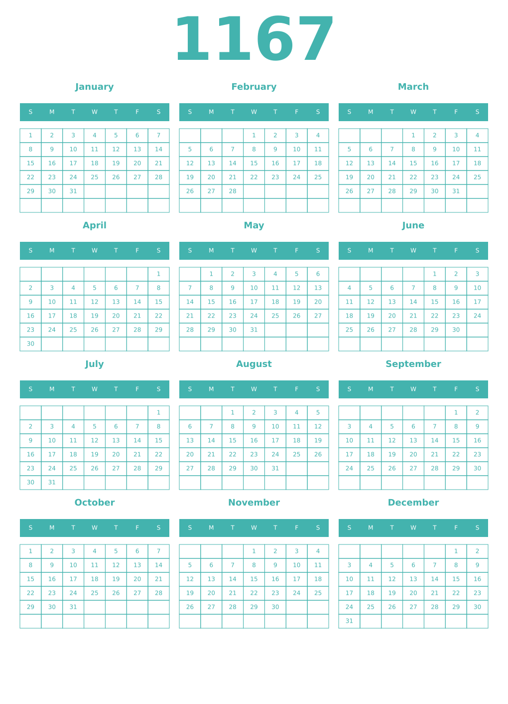 Printable 1167 Year Calendars verdigris