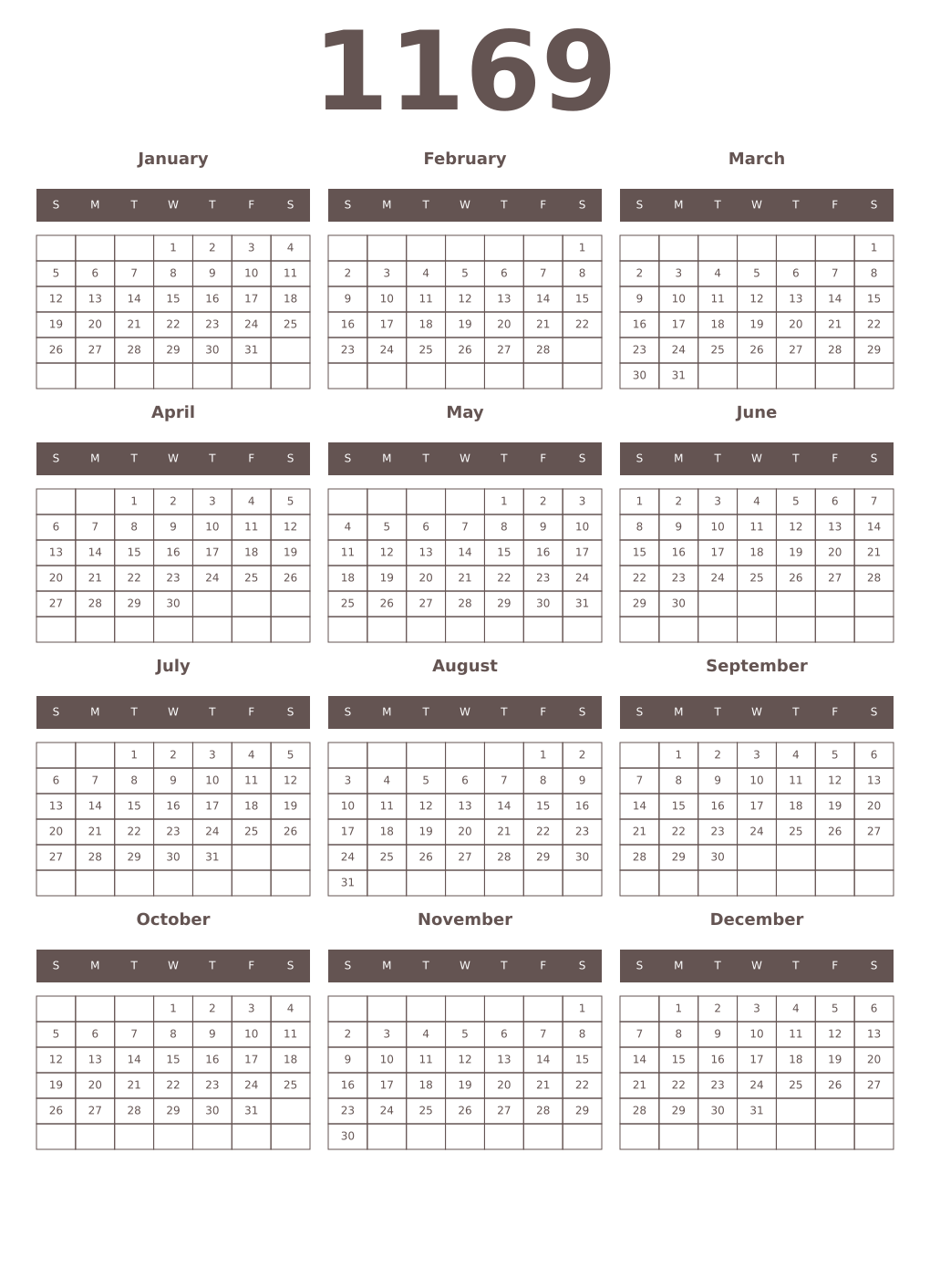 Printable 1169 Year Calendars wenge