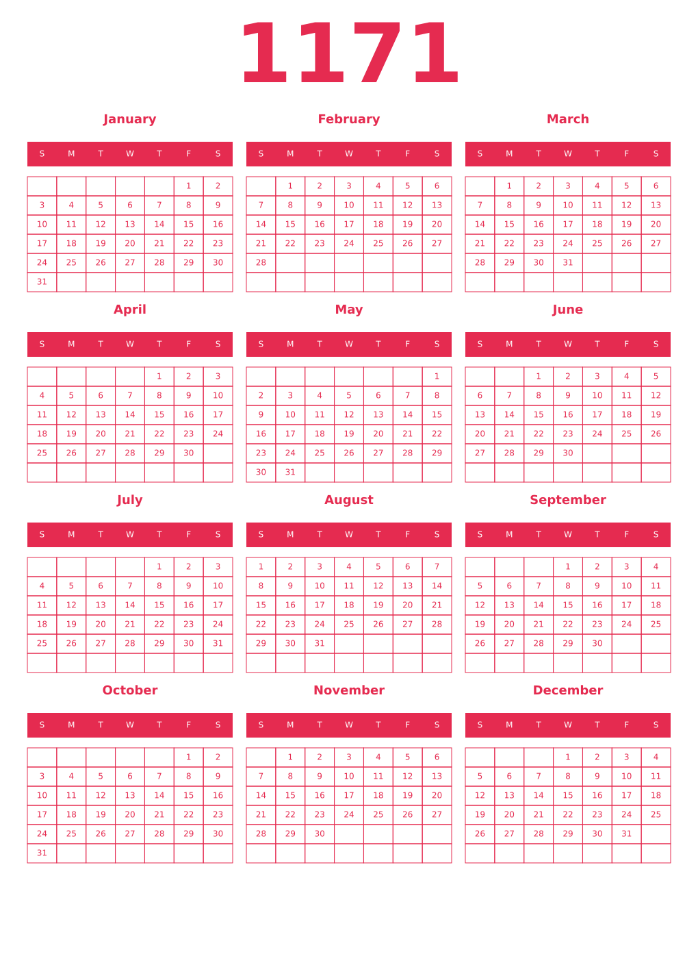 Printable 1171 Year Calendars amaranth