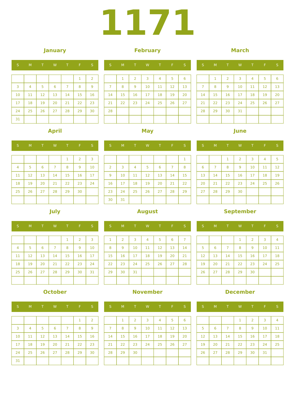 Printable 1171 Year Calendars chartreuse