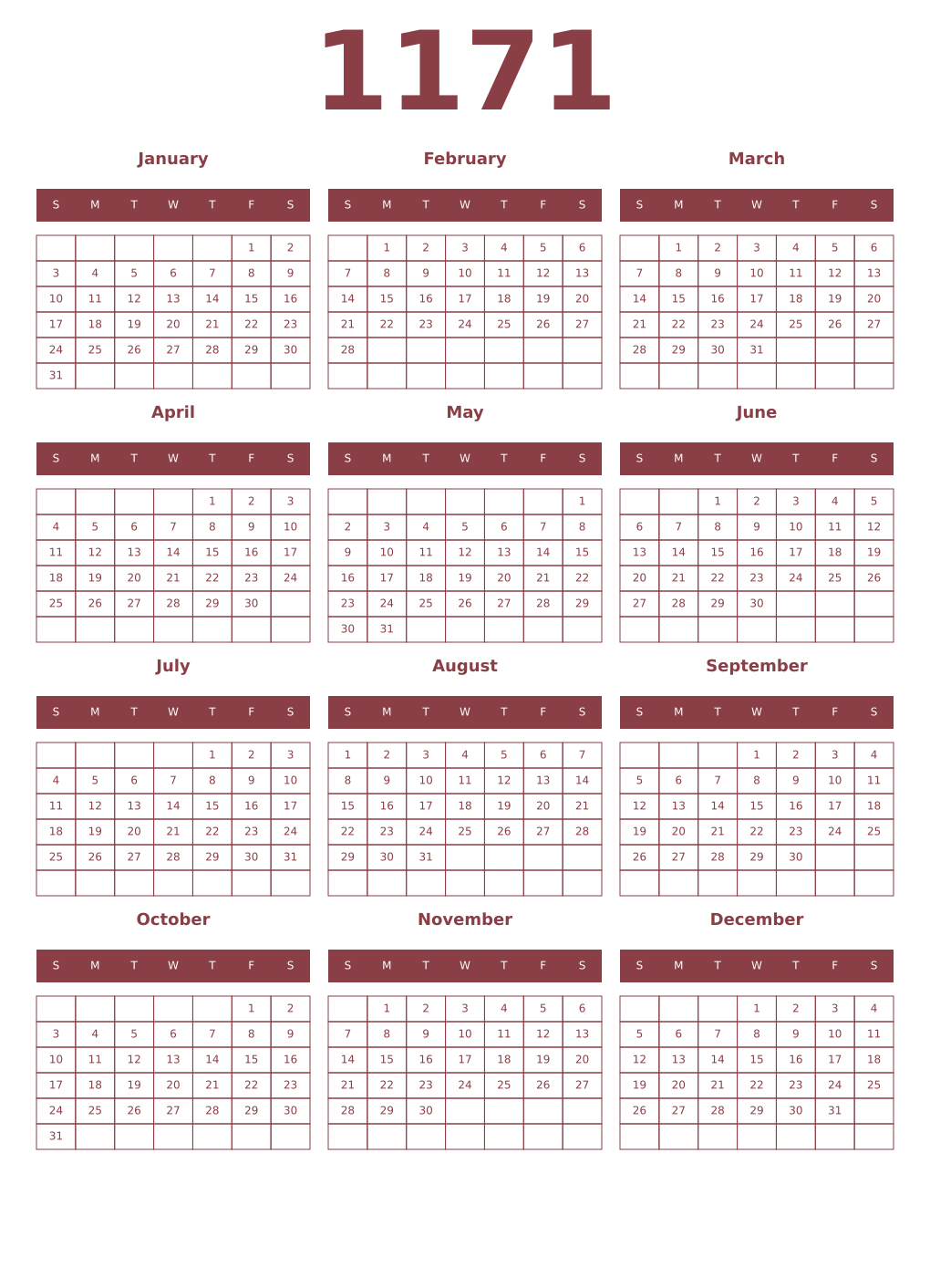 Printable 1171 Year Calendars cordovan