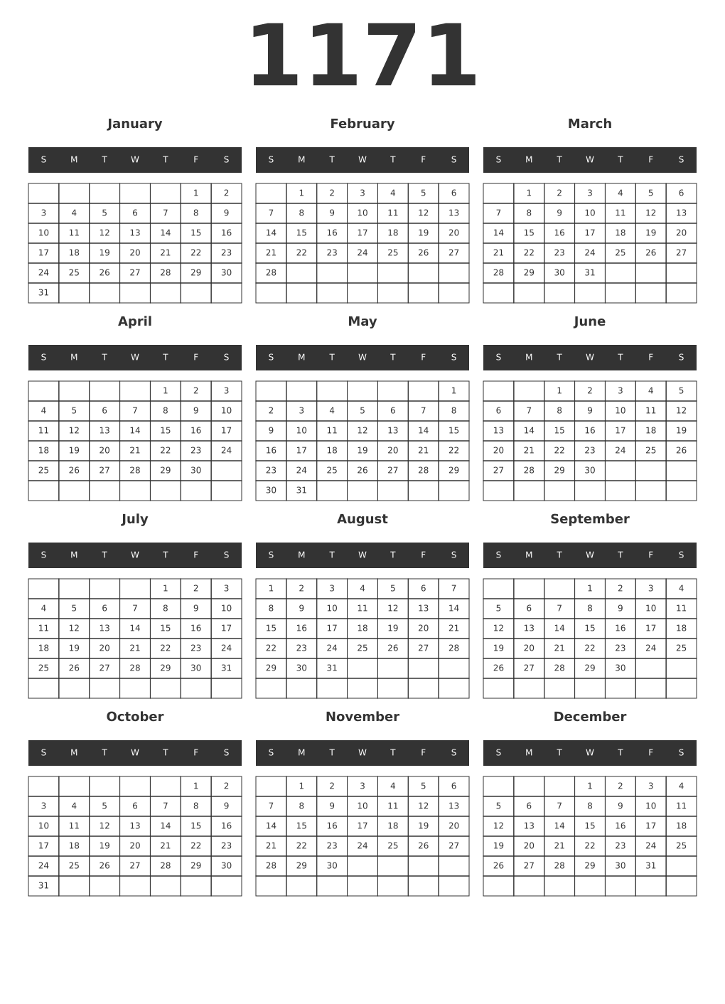 Printable 1171 Year Calendars dark