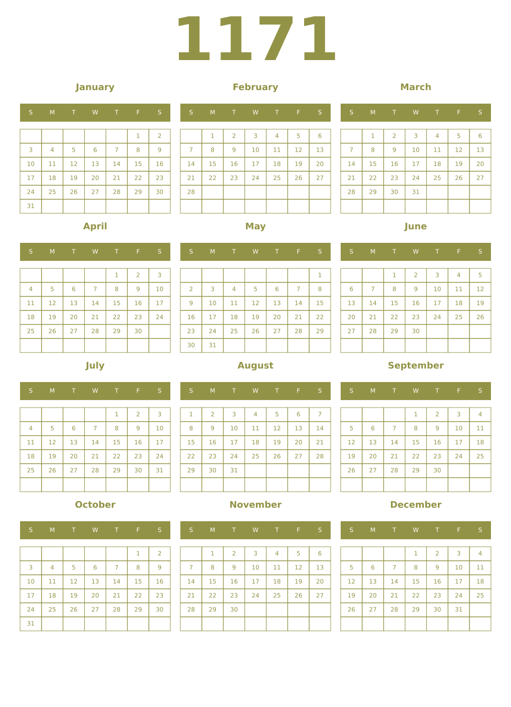 Printable 1171 Year Calendars eburnean