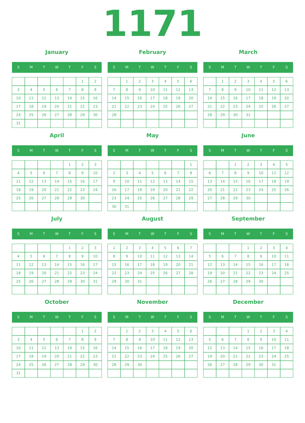 Printable 1171 Year Calendars green