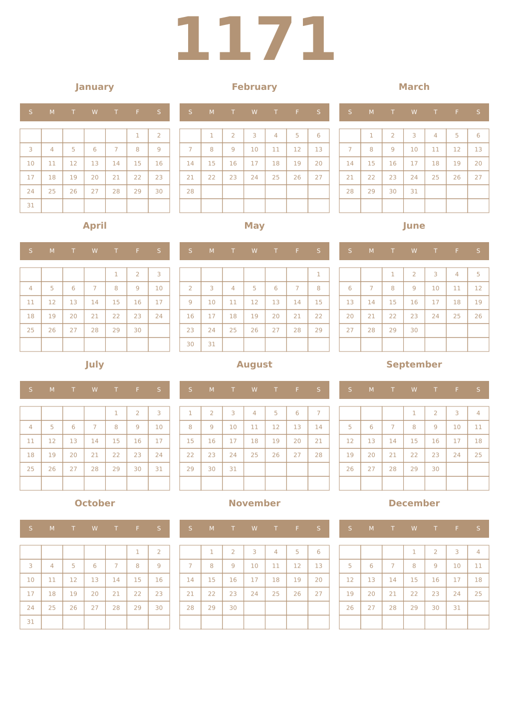 Printable 1171 Year Calendars isabelline