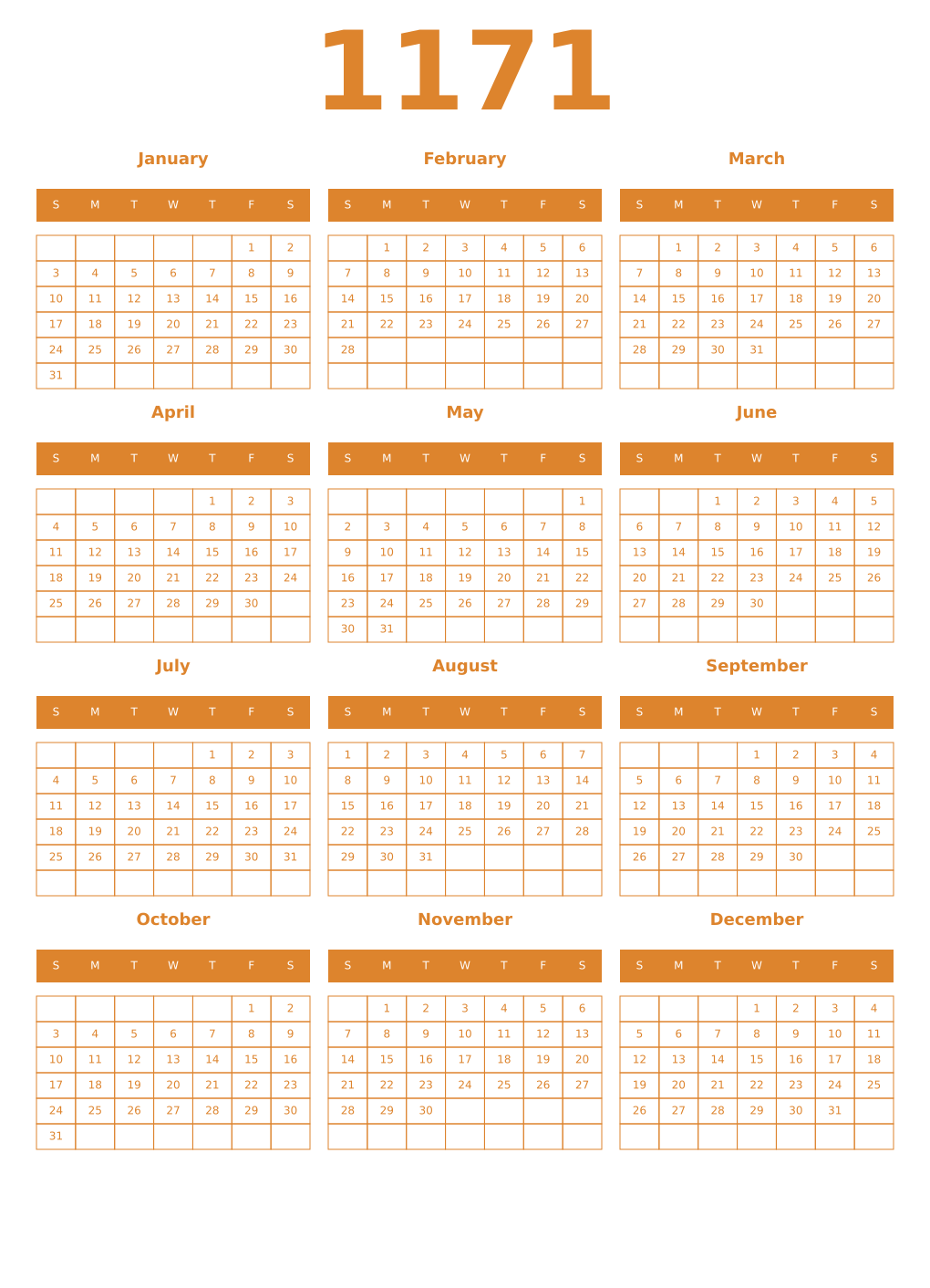 Printable 1171 Year Calendars orange