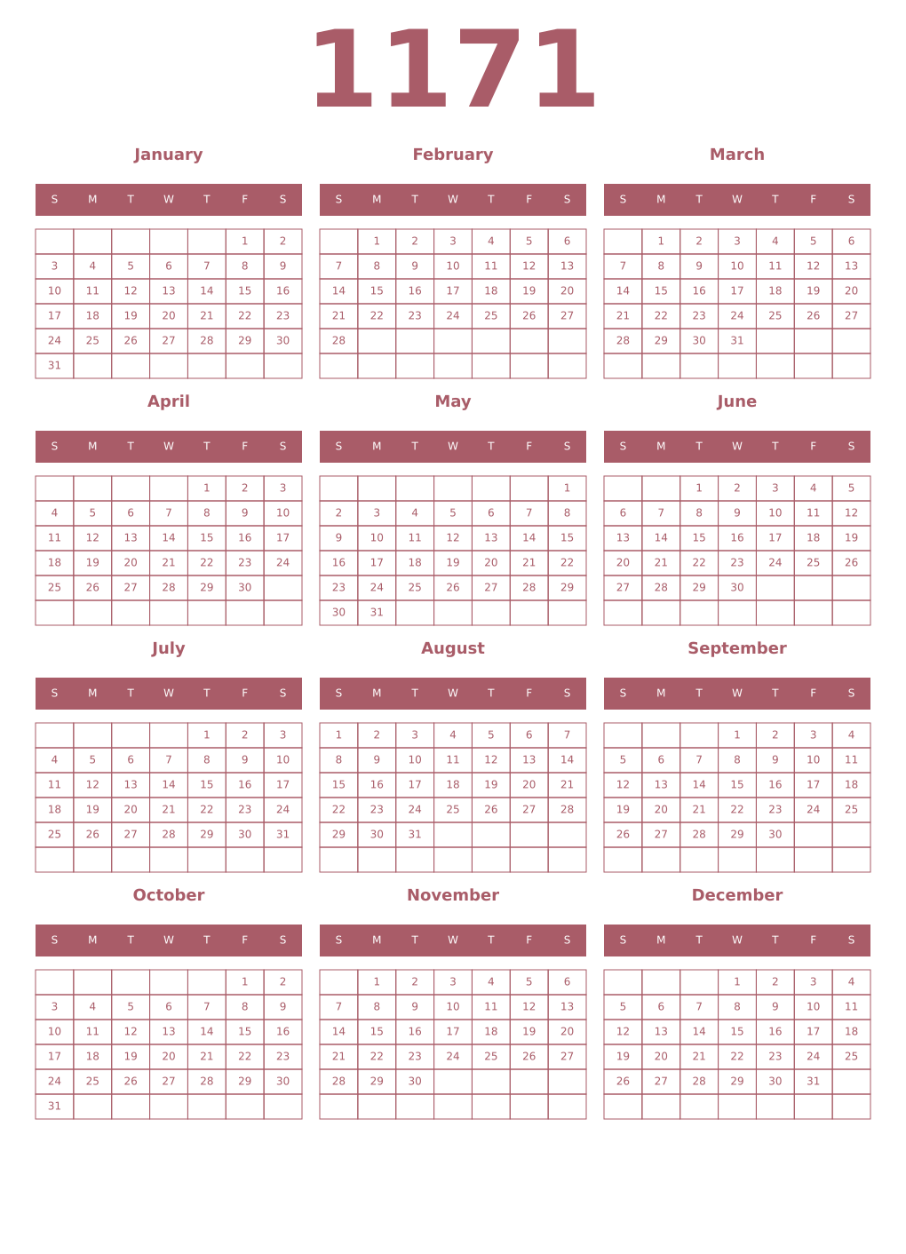 Printable 1171 Year Calendars puce