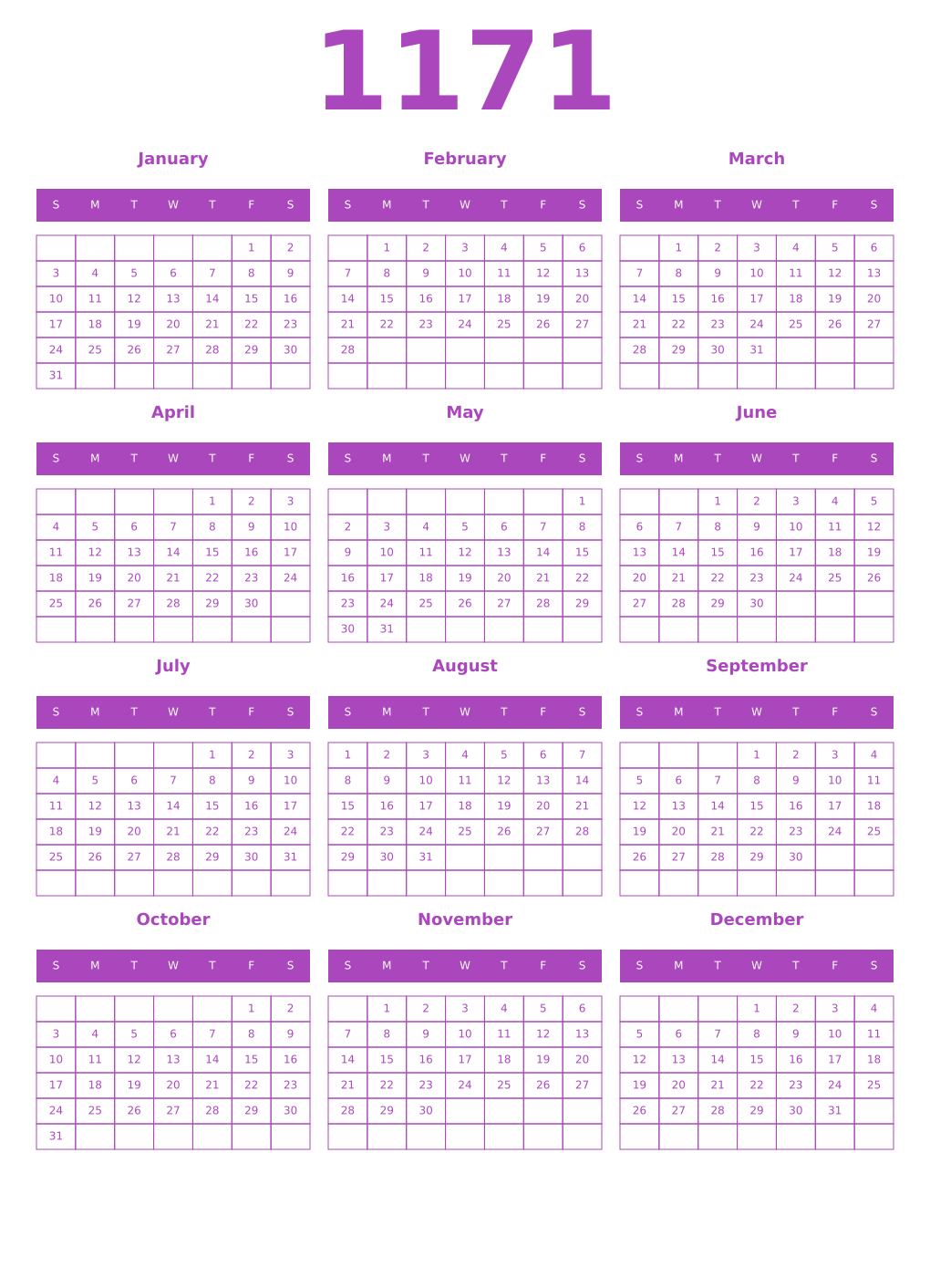 Printable 1171 Year Calendars purple
