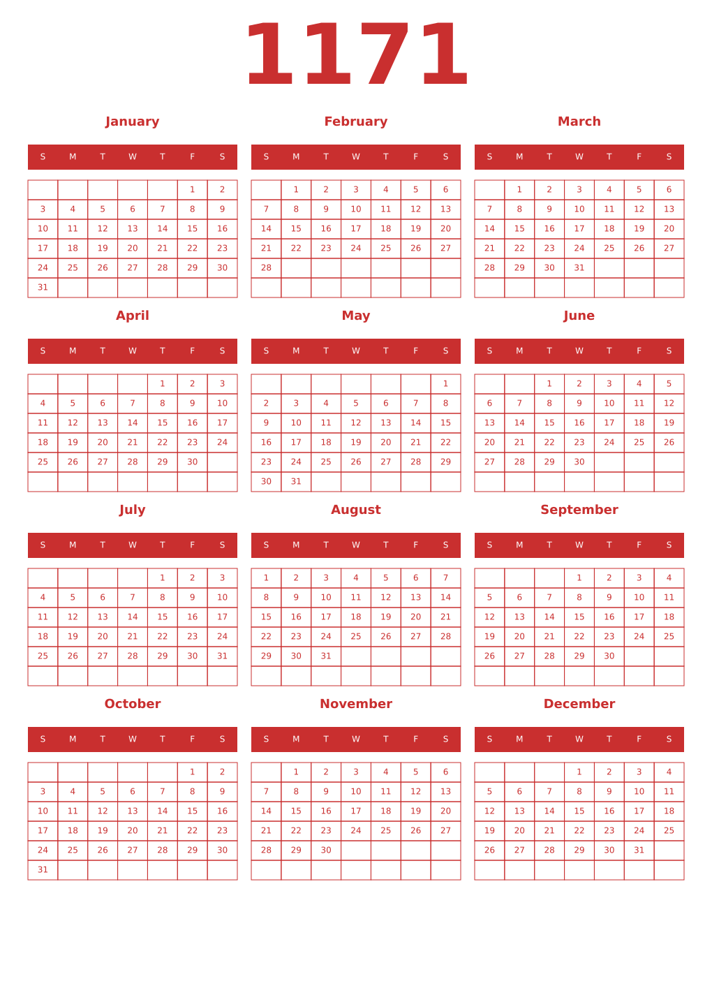 Printable 1171 Year Calendars red