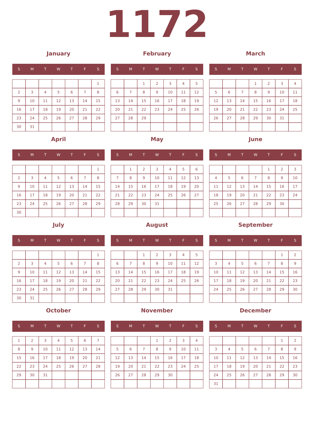 Printable 1172 Year Calendars cordovan