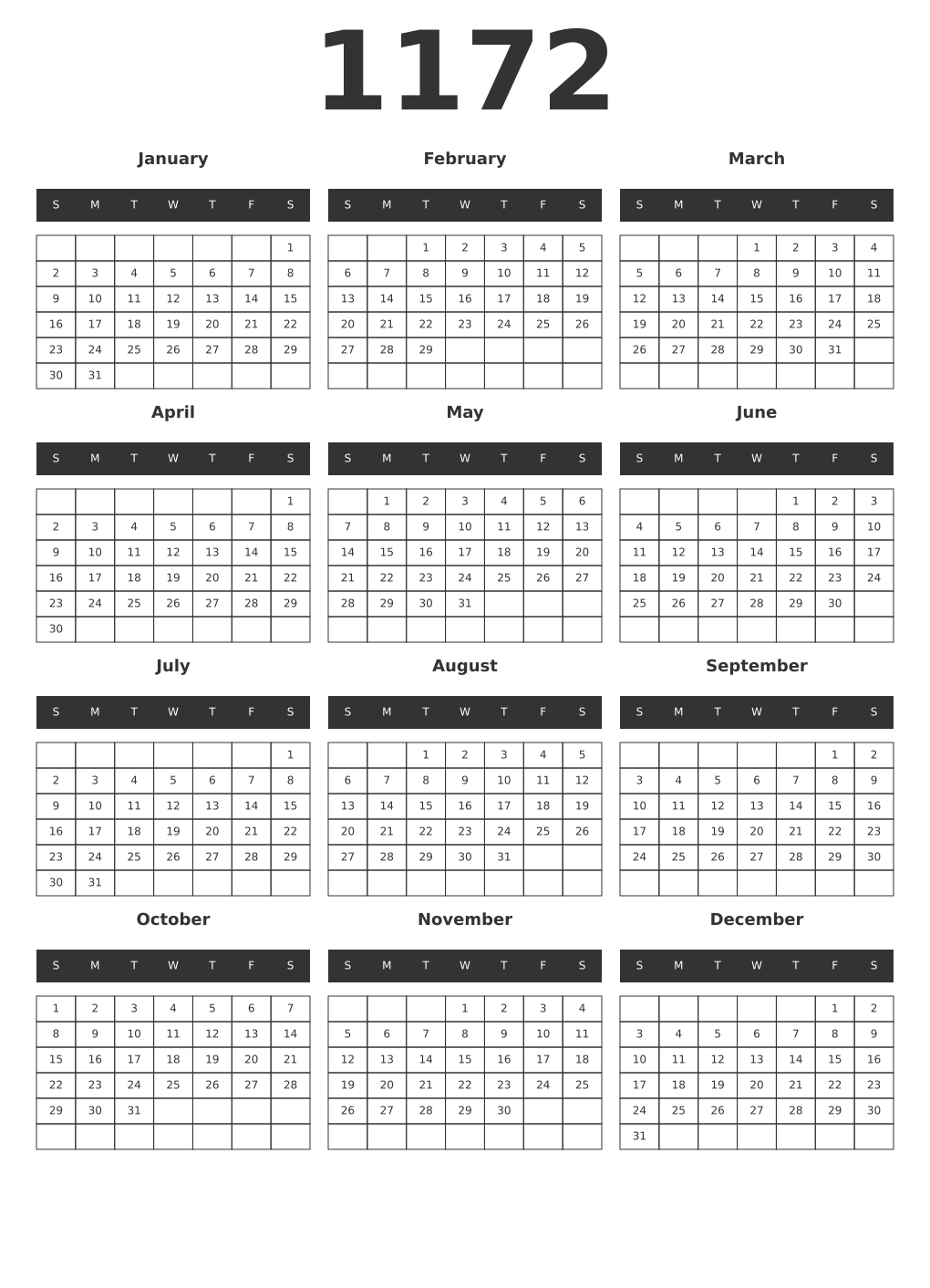 Printable 1172 Year Calendars dark