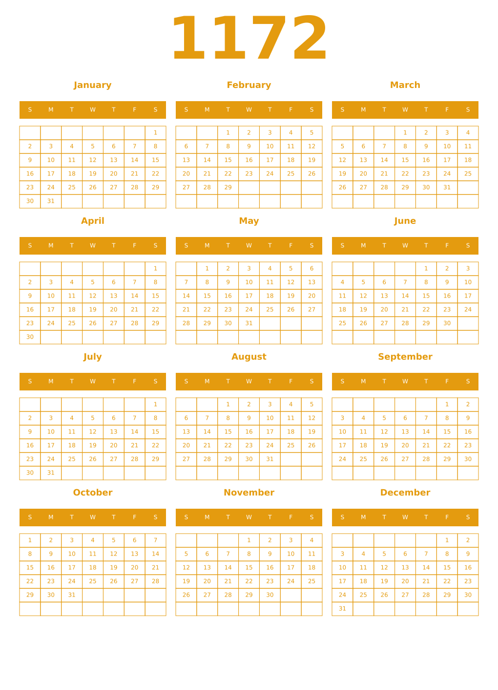 Printable 1172 Year Calendars gamboge