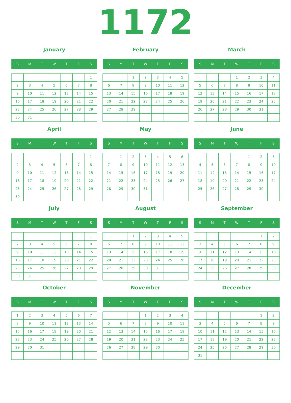 Printable 1172 Year Calendars green