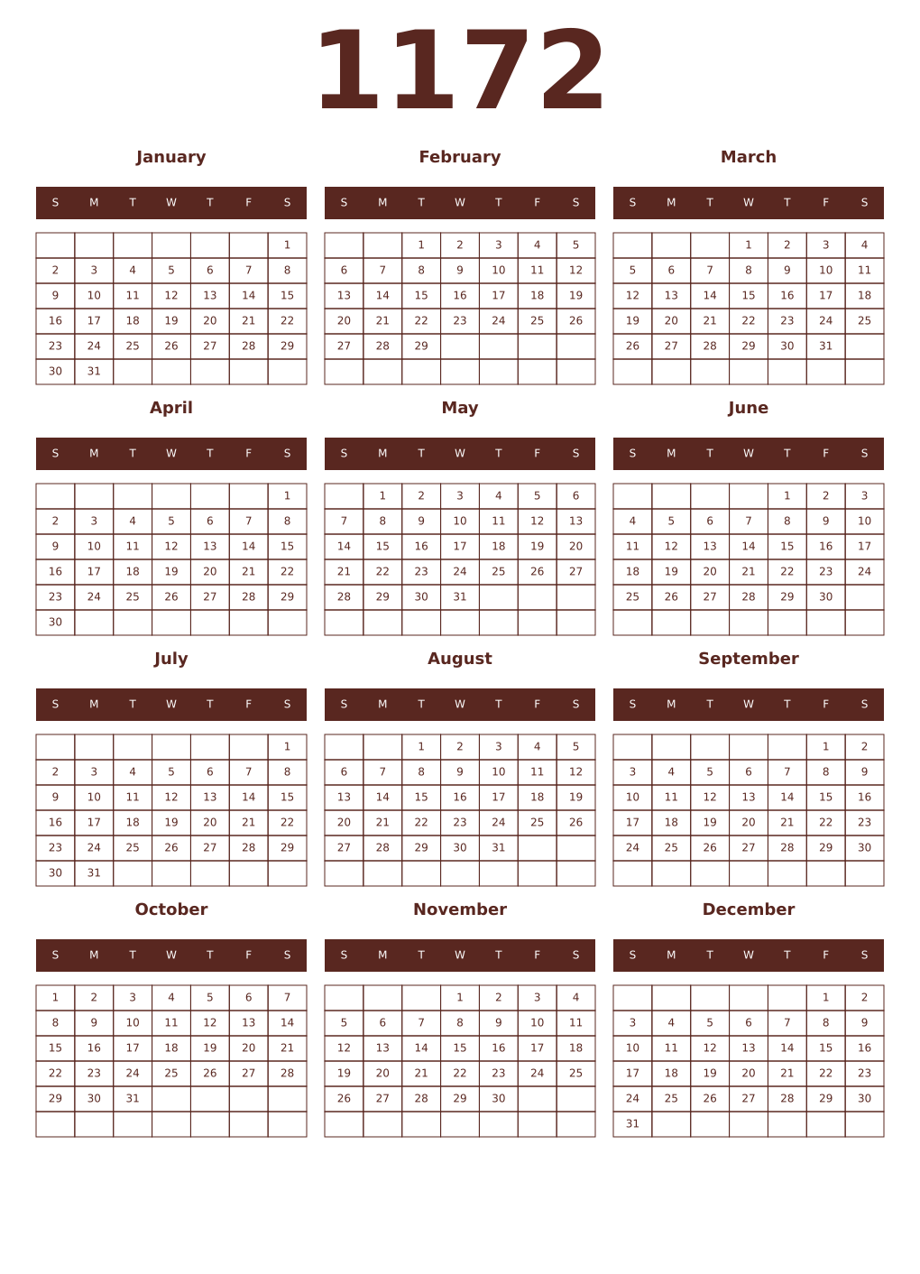 Printable 1172 Year Calendars mortuum