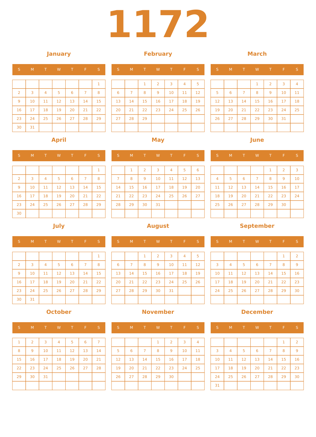 Printable 1172 Year Calendars orange