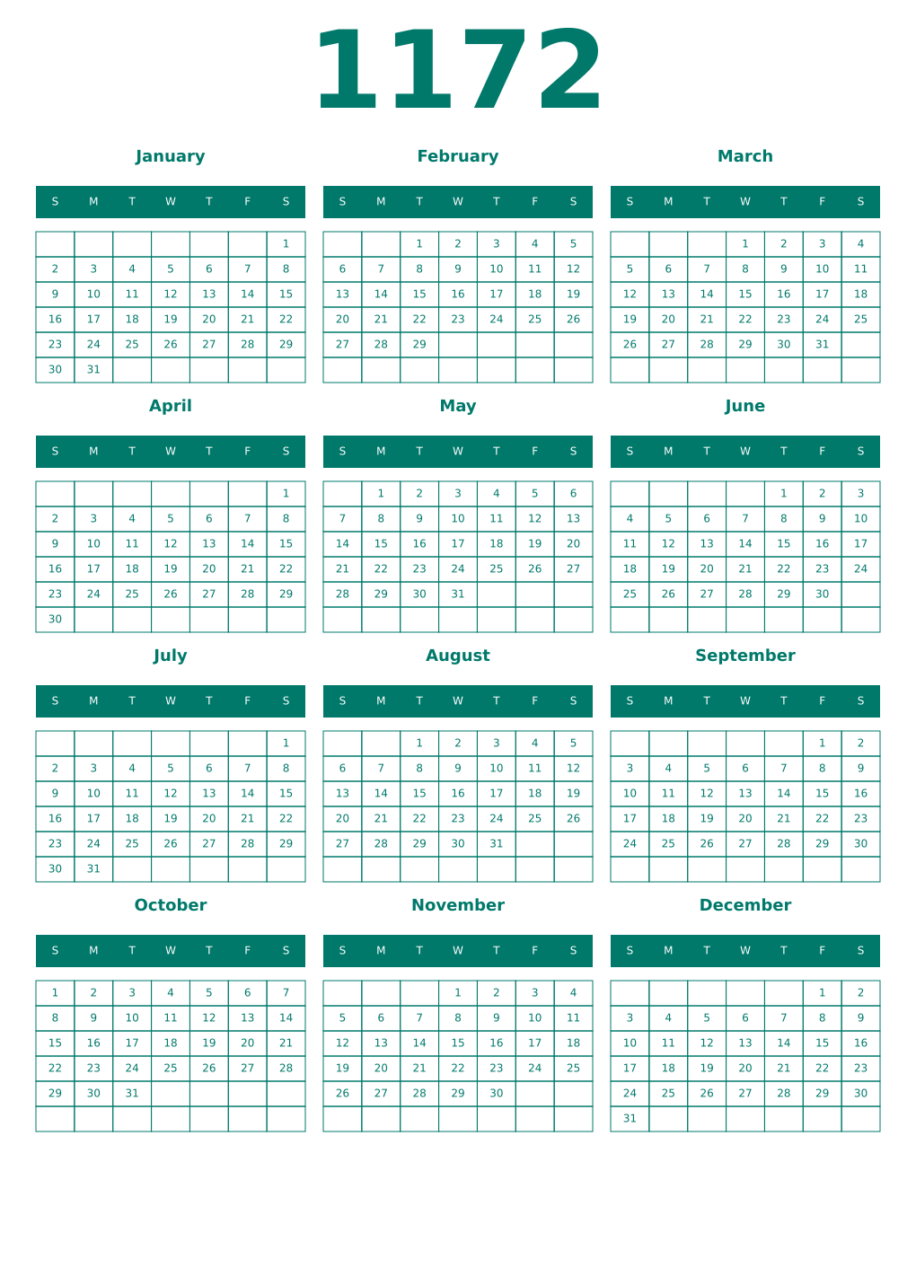 Printable 1172 Year Calendars pastel