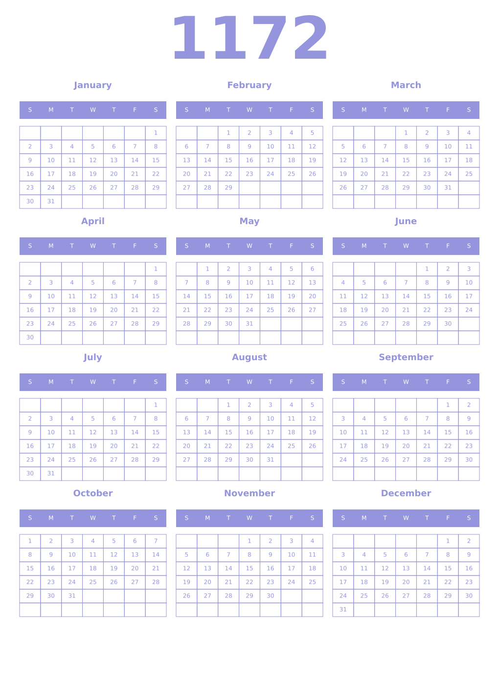 Printable 1172 Year Calendars periwinkle