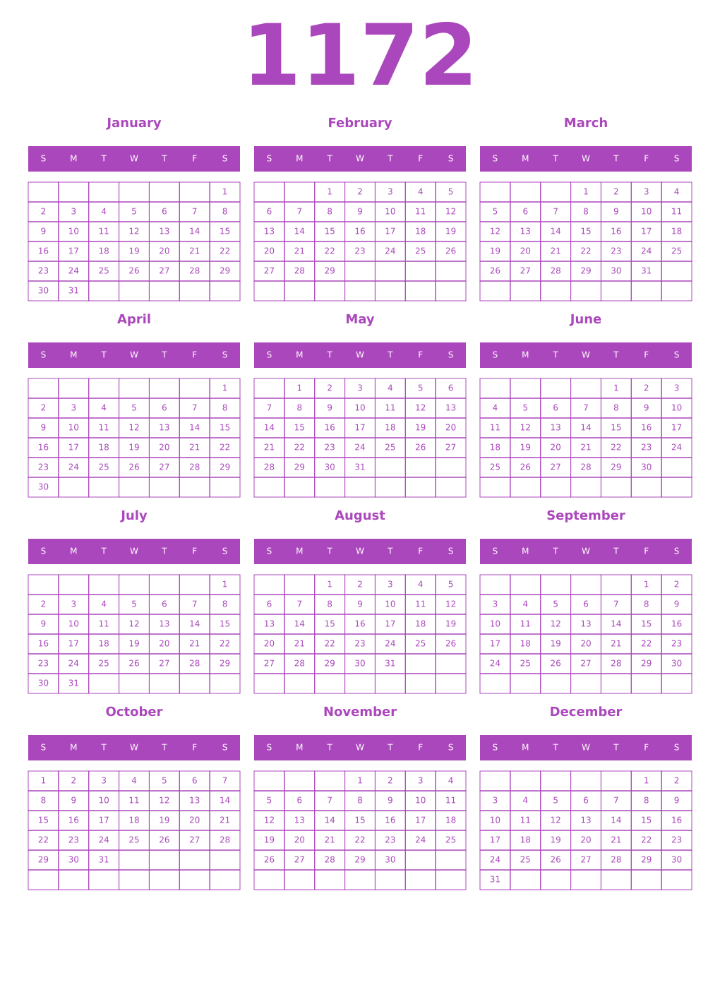 Printable 1172 Year Calendars purple