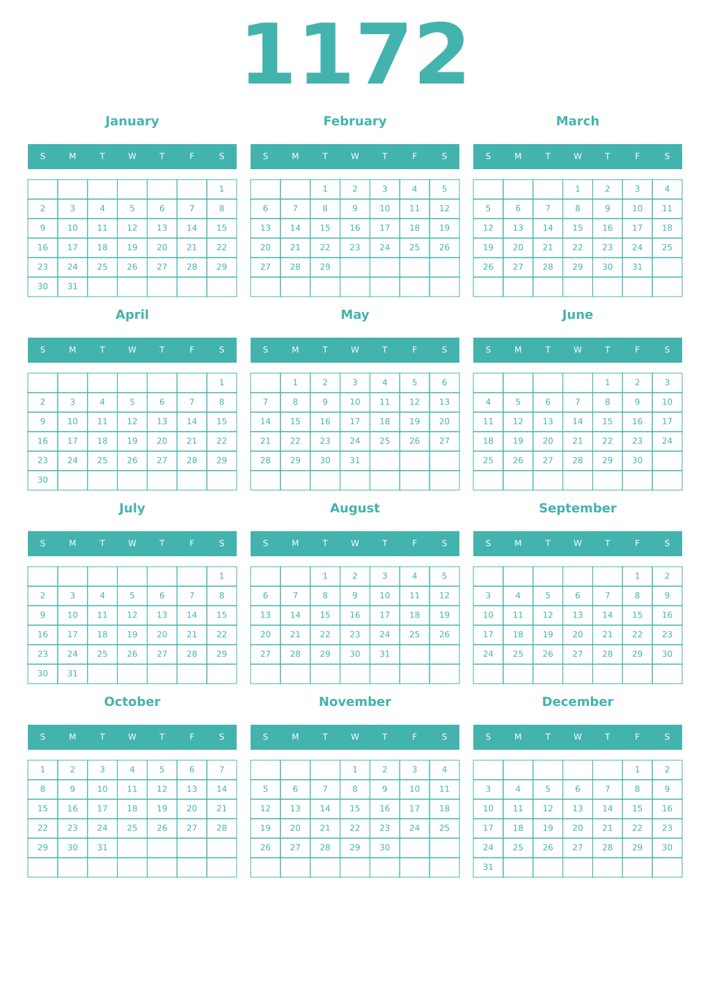 Printable 1172 Year Calendars verdigris