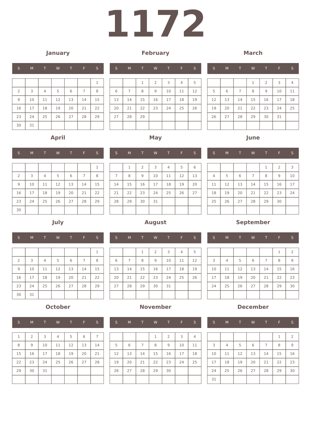 Printable 1172 Year Calendars wenge