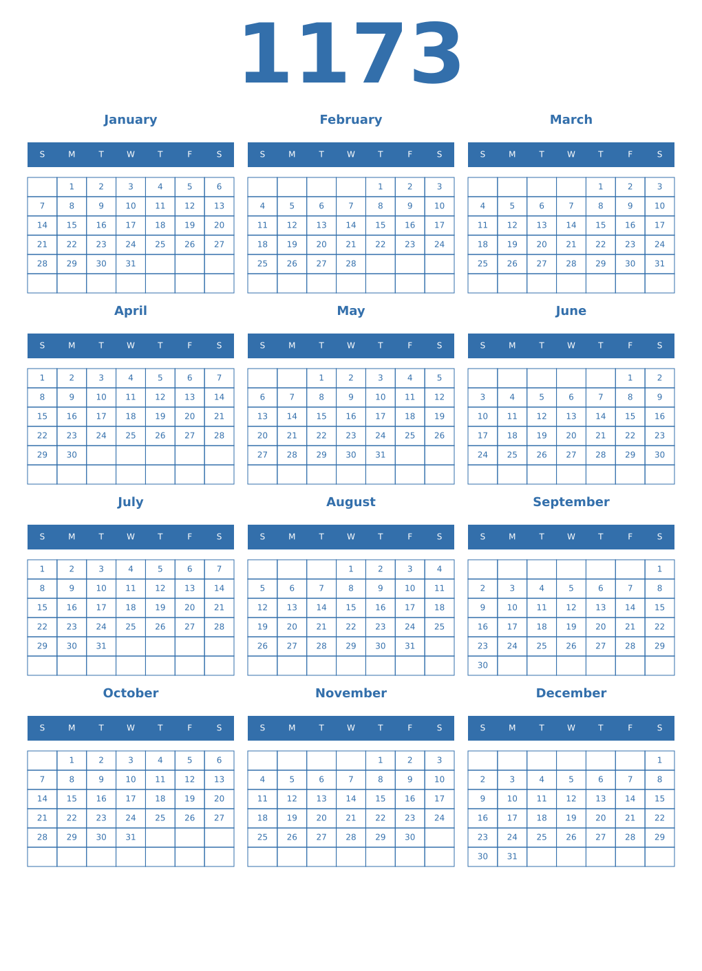 Printable 1173 Year Calendars blue
