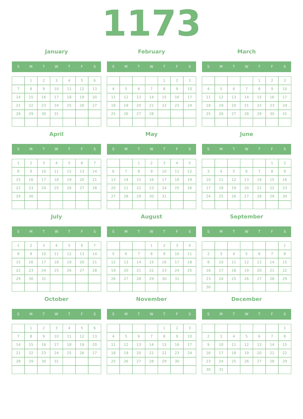 Printable 1173 Year Calendars celadon