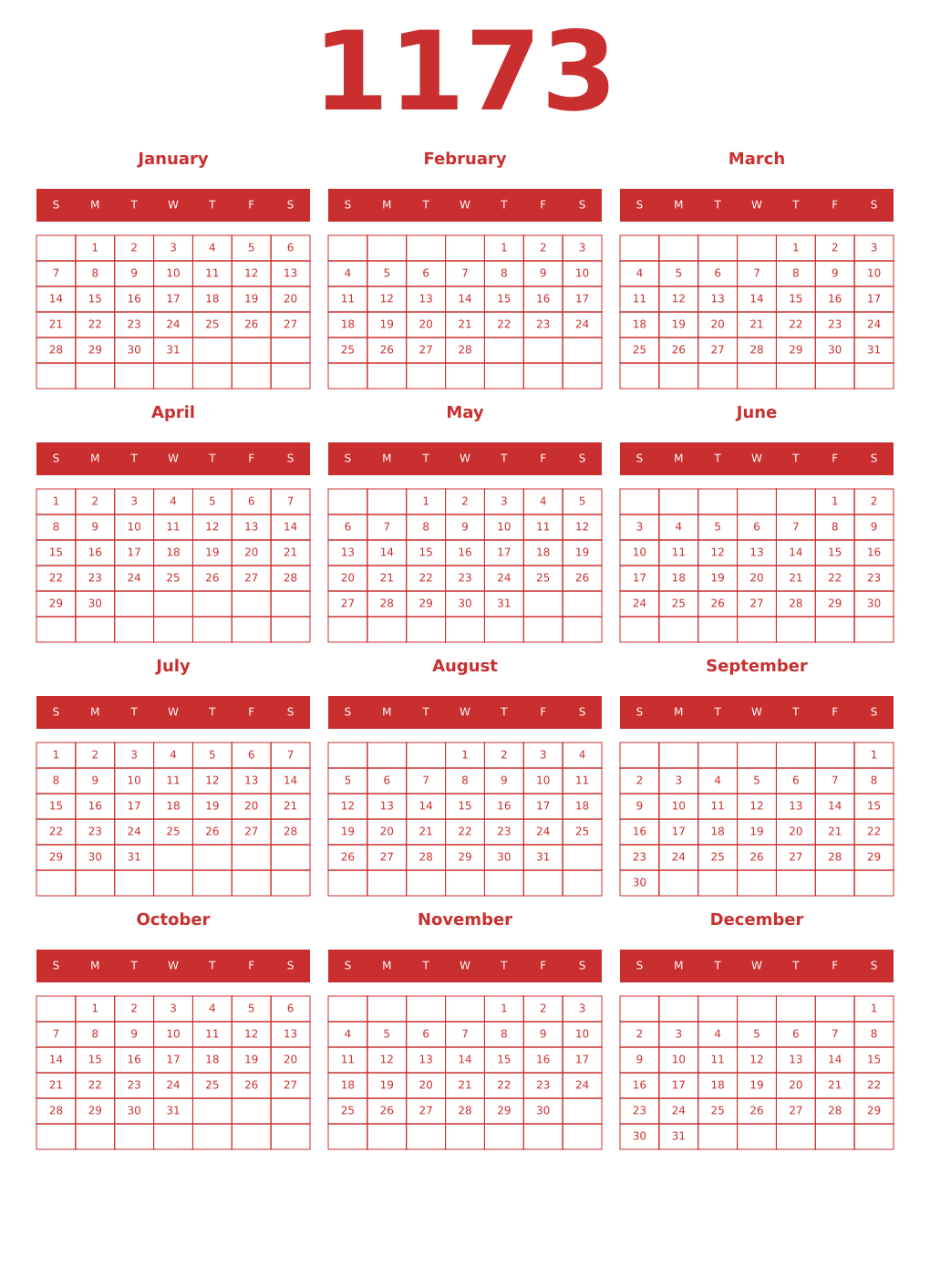 Printable 1173 Year Calendars red
