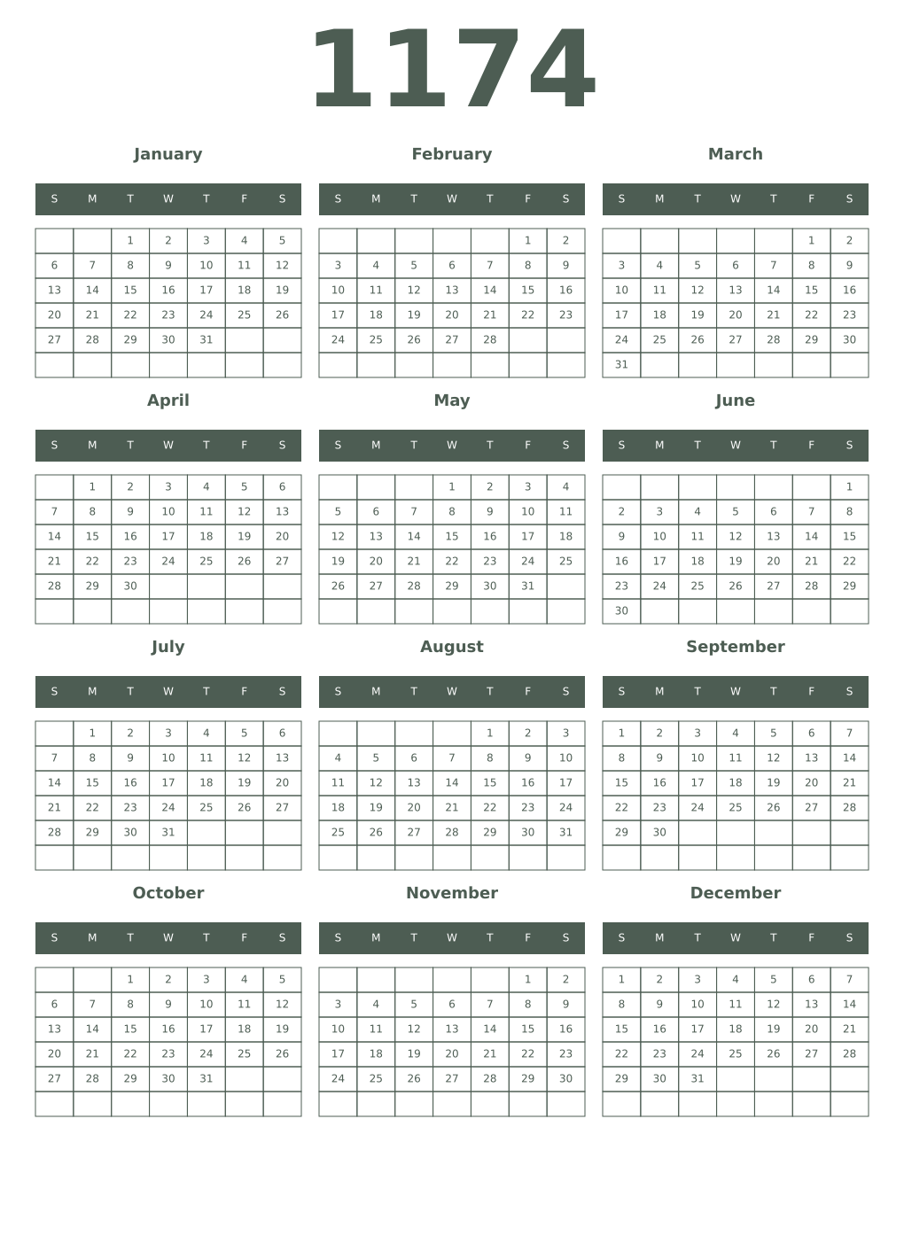 Printable 1174 Year Calendars feldgrau