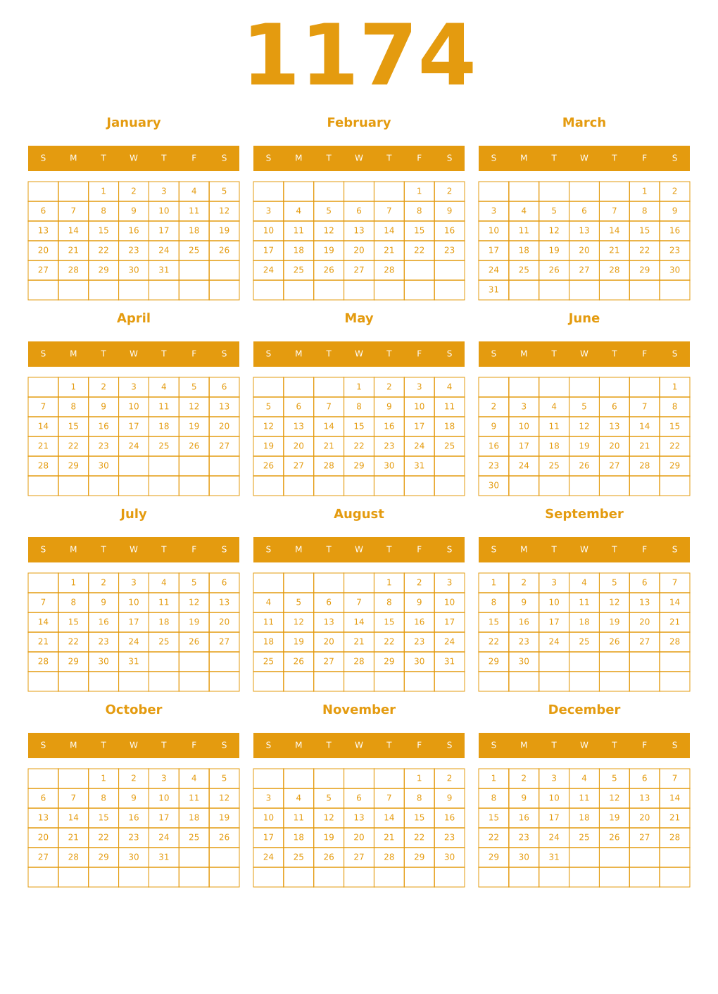 Printable 1174 Year Calendars gamboge
