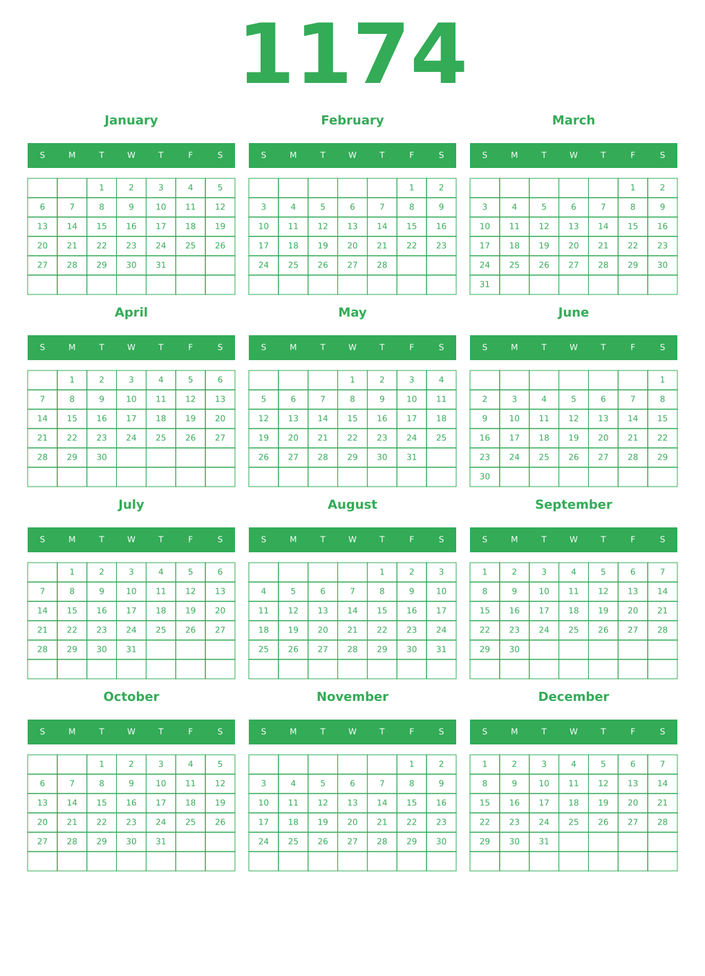 Printable 1174 Year Calendars green