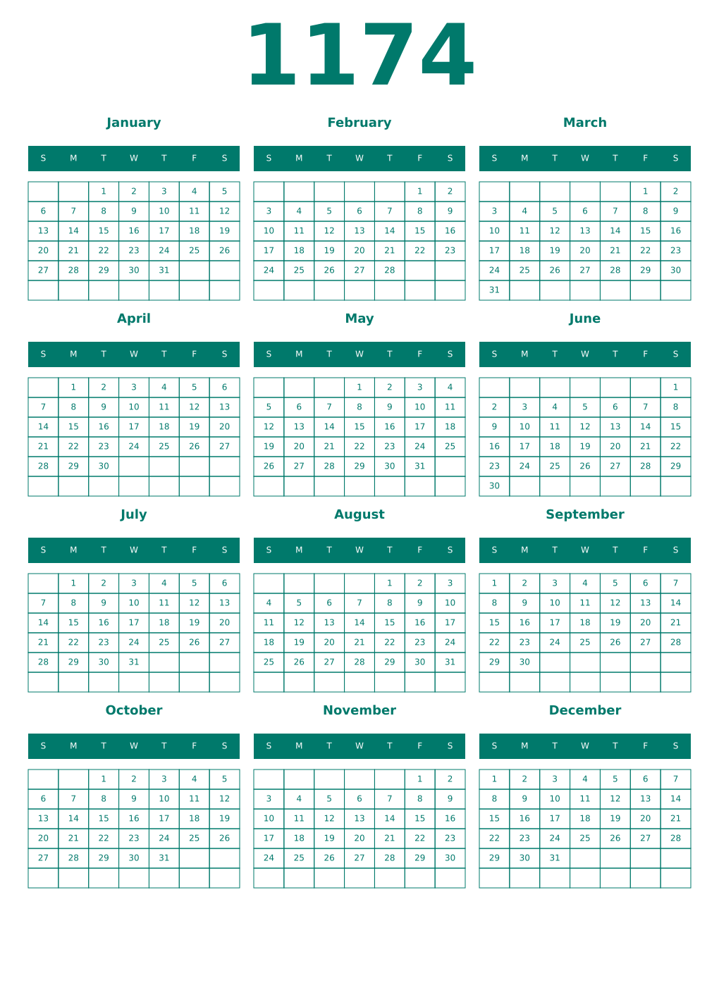 Printable 1174 Year Calendars pastel