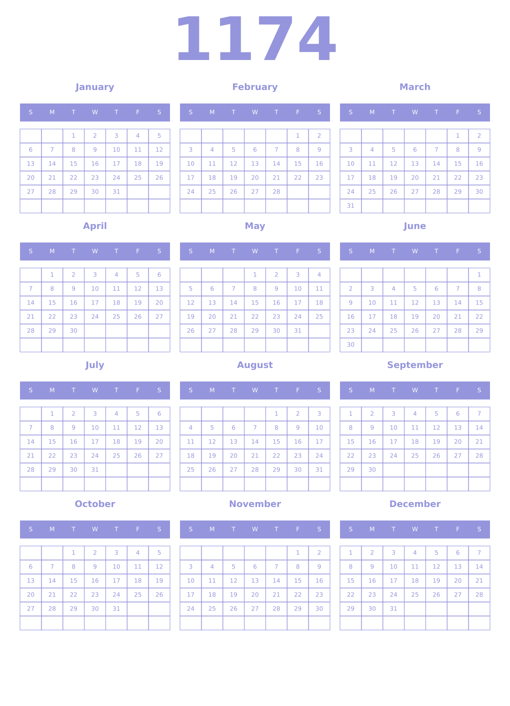 Printable 1174 Year Calendars periwinkle