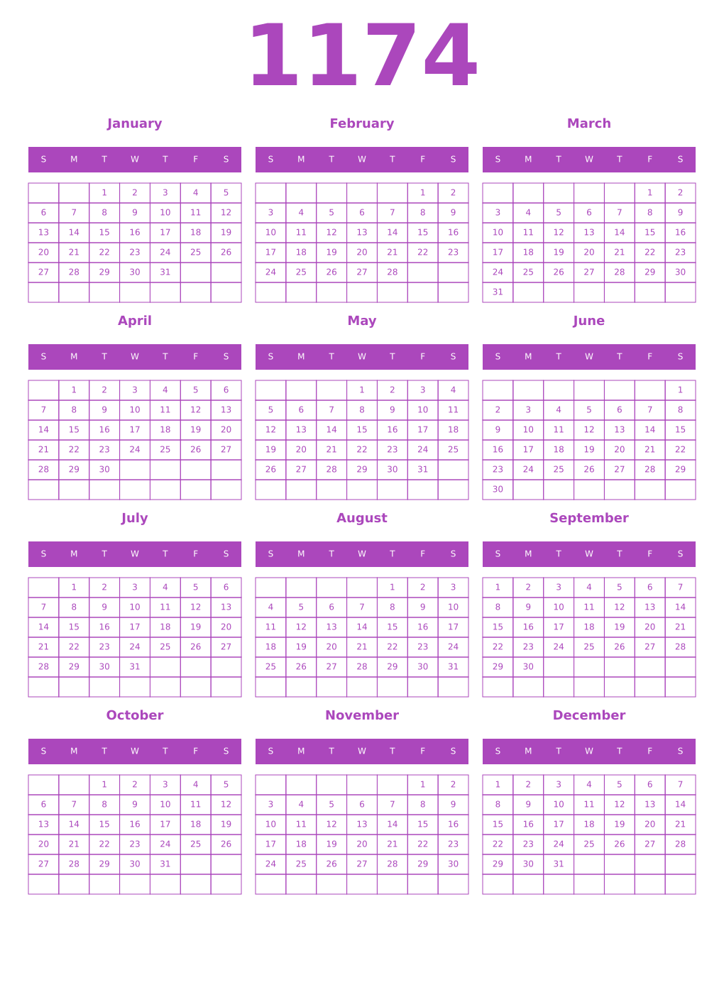 Printable 1174 Year Calendars purple